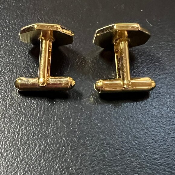 Vintage Mens Cufflinks Octagon Gold Tone Black Clear Center Stone - Picture 5 of 6